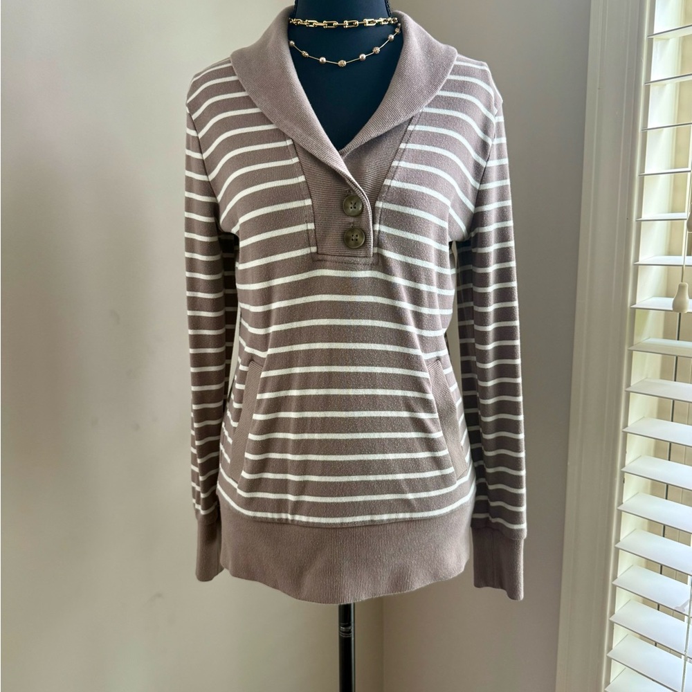 Banana Republic Taupe and White Striped Shawl-Collar Sweater